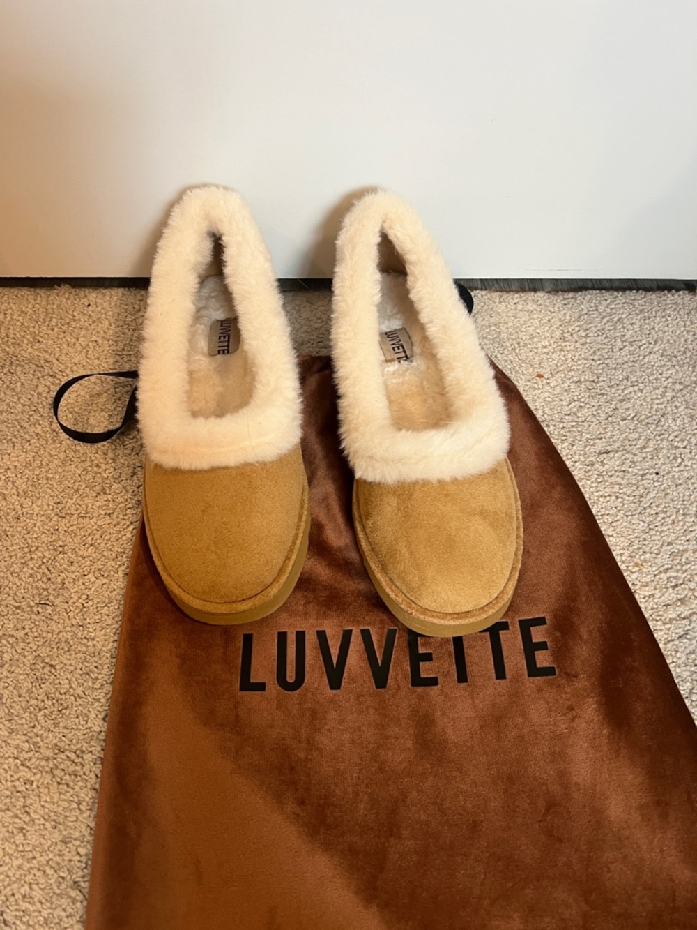 Nordstrom Luvvette Tan Suede Shearling-Lined Slippers